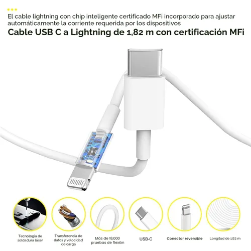 Vista 7 de Cargador rápido para iPhone, cable de carga de teléfono, paquete de 3 cargadores de iPhone de carga rápida de 6 pies, adaptador de carga USB C de 6