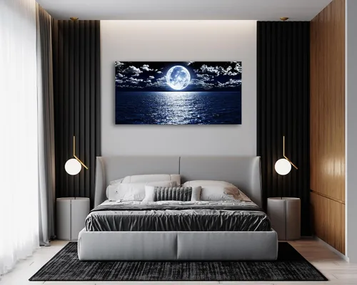 Vista 4 de Cao Gen Decor Art S06950 - Lienzo decorativo para pared, diseño de luna, mar, océano, paisaje, 1 panel, luna llena en nube, cuadros estirados