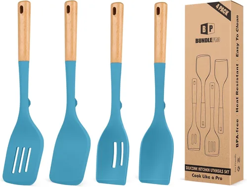 Vista 10 de Juego de 4 utensilios de cocina de silicona, espátulas sólidas antiadherentes y cucharas ranuradas resistentes al calor con mango de madera