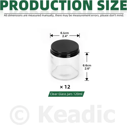 Vista 2 de Keadic Juego de 12 tarros de vidrio de 4.1 fl oz/4 onzas con tapas, mini tarros redondos herméticos para muestras de conservas con tapas negras