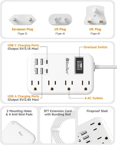 Vista 5 de Adaptador de enchufe de viaje europeo, regleta de corriente de EE. UU. a Europa con 6 USB (2 USB C) 4 tomas de corriente, adaptador de corriente