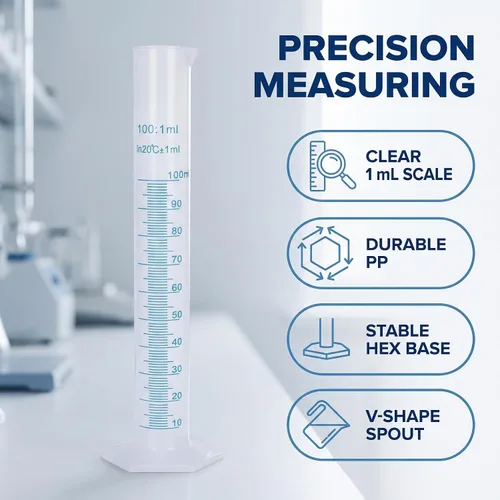 Vista 7 de Cilindro graduado de plástico de 1 pieza, 3.4 fl oz, transparente, conjunto de cilindros de medición, cilindros de laboratorio de ciencia, labware