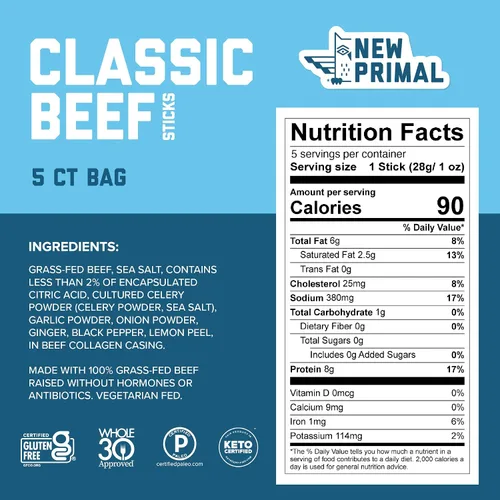 Vista 2 de The New Primal Palitos de carne de res alimentada con pasto, keto, bocadillos saludables sin gluten para adultos, sin azúcar, bajo en carbohidratos