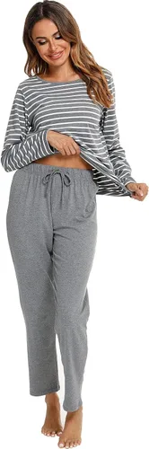 Vista 4 de Pijamas de algodón para mujer, ropa de dormir de manga larga con pantalones, suave y cómoda a rayas, conjunto de pijama para mujer