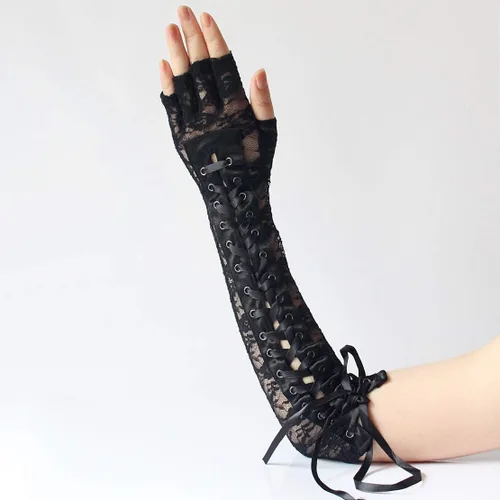 Vista 4 de Seeksmile Guantes Steampunk de longitud del codo con cordones