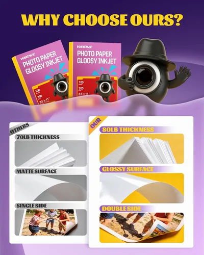 Vista 5 de 100 hojas de papel fotográfico brillante de doble cara, grueso, de alta calidad, 8.5 x 11 pulgadas, 10.58 oz/m², 80 libras, solo para impresora