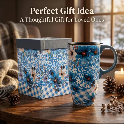 Vista 5 de Topadorn Taza de Cerámica para Café de Porcelana Latte Taza de Té con Tapa en Caja de Regalo 17oz, Flores Azules