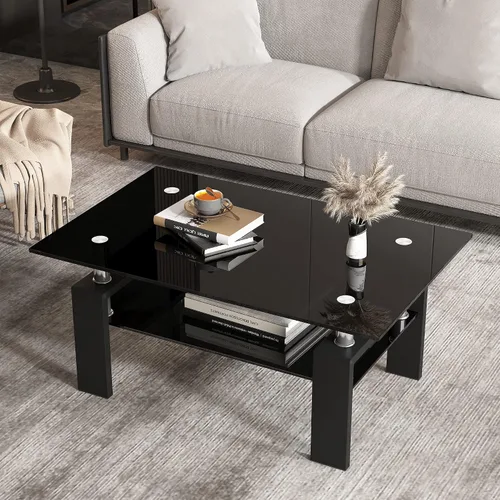 Vista 3 de Mesa auxiliar de cristal para sala de estar, mesa central rectangular de 2 niveles con patas de metal, mesa auxiliar para el hogar, oficina