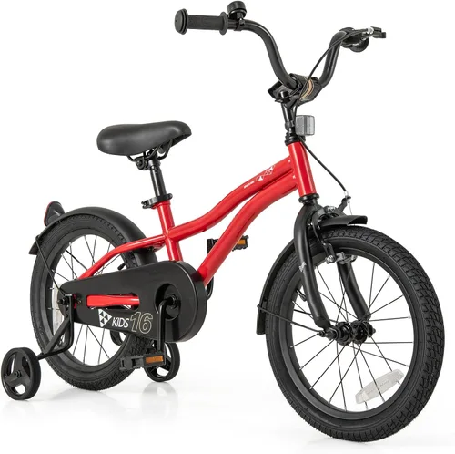 Vista 18 de BABY JOY Bicicleta deportiva de 12, 14, 16, 18 pulgadas, con ruedas de entrenamiento, asiento ajustable, freno de mano y freno de posavasos