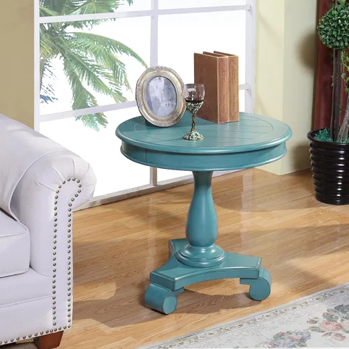 Vista 6 de Roundhill Furniture Rene Mesa auxiliar redonda de madera con pedestal, blanco antiguo