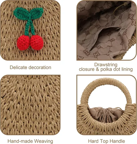 Vista 3 de Chling Bolso de hombro de pajilla, bolso cruzado de pajilla, bolso de hombro de pajilla, bolso casual de playa, bolso hecho a mano para mujer