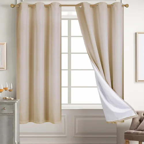 Vista 106 de Diraysid Cortinas 100% opacas de lino beige para dormitorio, con ojales, aislamiento térmico, cortinas de oscurecimiento de habitación