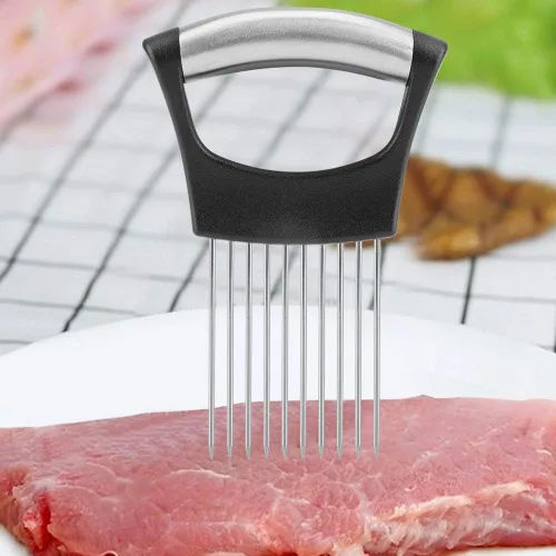Vista 2 de Soporte de cebolla de acero inoxidable para cortar cebolla herramienta de corte con 10 puntas de corte de utensilios de cocina
