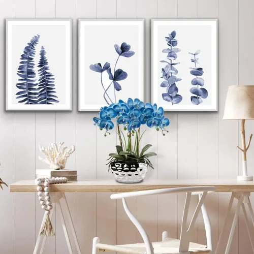 Vista 5 de Briful Orquídeas artificiales de 18 pulgadas, orquídea azul Phalaenopsis grande con macetas de cerámica plateada, flor de orquídea falsa