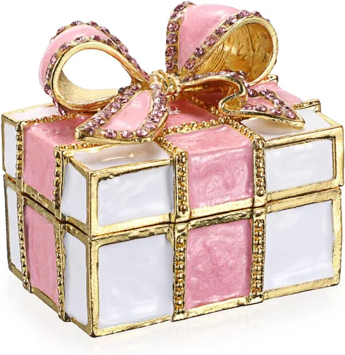 Vista 9 de Hipiwe Mini joyero de metal con nudo de lazo rosa con bisagras, caja decorativa de esmalte brillante, caja de tesoros, figura, aretes, soporte