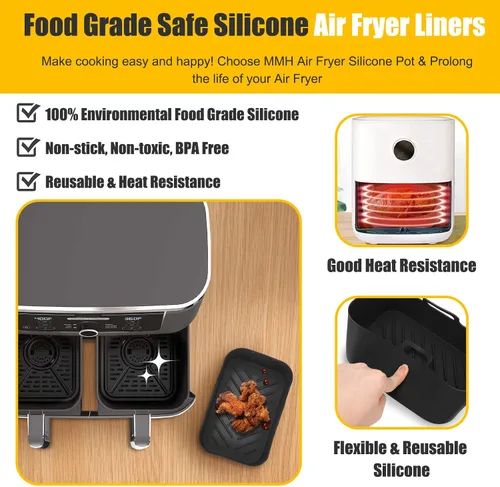 Vista 3 de 2 piezas de forros de silicona para freidora de aire rectangular para Ninja Foodi Dual DZ201 8QT/DZ090 6QT, MMH accesorios reutilizables