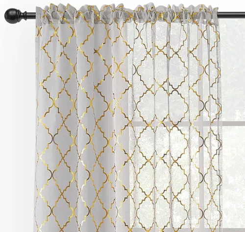 Vista 14 de Kotile - Cortinas doradas y blancas transparentes de 45 pulgadas de largo, juego de 2 paneles, con estampado marroquí metálico de ogee, cortinas