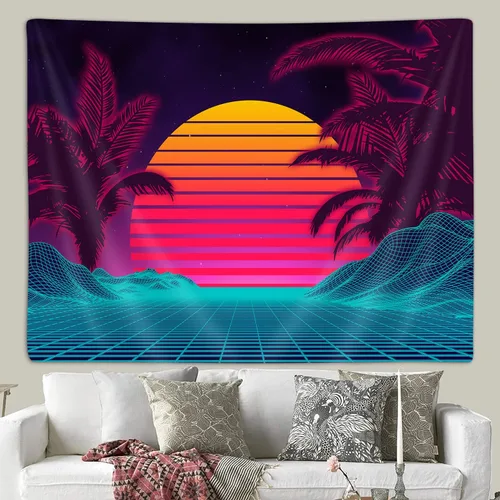 Vista 3 de Tapiz retro de onda de vapor de neón para el dormitorio de los hombres, tapices de arte de montaña trippy fresco para colgar en la pared