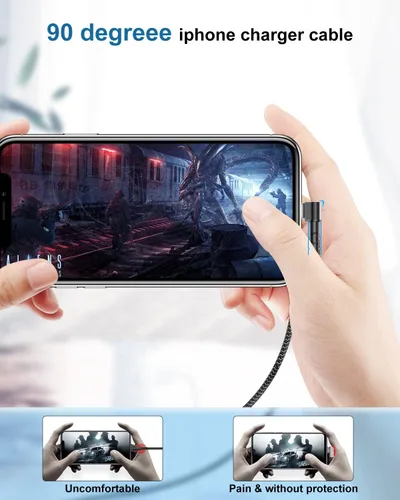 Vista 3 de Paquete de 3 cargadores de iPhone de 90 grados de 6 pies, cable de carga de nailon en ángulo recto de 6 pies para Apple iPhone, certificado MFi