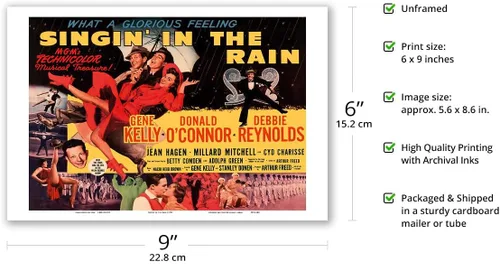 Vista 2 de Singin' in the Rain - Starring Gene Kelly Donald O’Connor and Debbie Reynolds - Vintage Film Movie Poster c.1952 - Master Art Print (Unframed) 6in x
