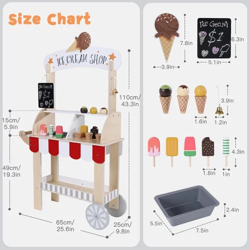 Vista 6 de Labebe Carrito de Helados de Madera para Niños, Camión de Helados para Niños Pequeños con Tirador, Juego de Simulación con Pizarra, Campanilla