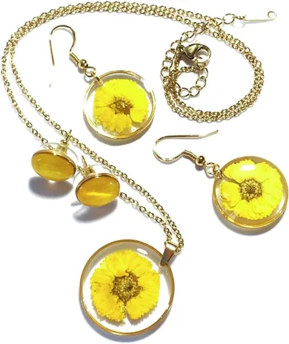 Vista 9 de Conjunto de regalo de joyería de plata esterlina con flor prensada hecha a mano para mujer 3 en 1 Daisy