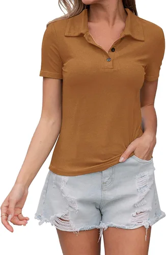 Vista 2 de Camisa polo con botones para mujer, cuello de manga corta, acanalada, elástica, ajustada