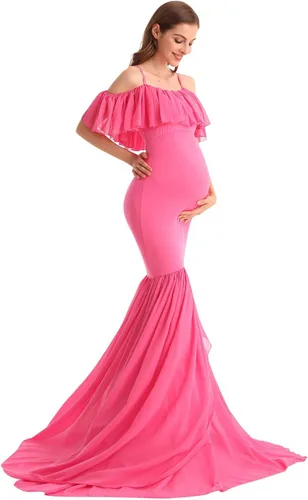 Vista 11 de MYRISAM Vestido de maternidad con volantes y hombros descubiertos para mujer, vestido de fiesta de sirena de gasa, vestido ajustado