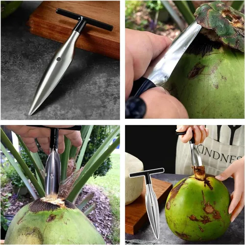 Vista 2 de Juego de herramientas de abridor de coco de alta calidad, cuchillo raspador de coco y removedor de carne de coco de acero inoxidable con mango