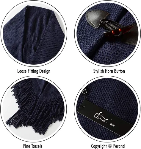 Vista 4 de Ferand Poncho de ajuste holgado para mujer con elegantes botones de cuerno, cuello en V y dobladillo en V