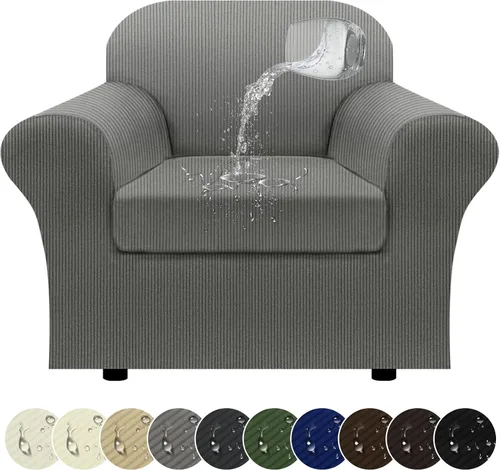 Vista 90 de Funda impermeable para silla con brazos, juego de 2 piezas, funda a rayas para 1 sofá separado con cojín en T, fundas de sillón de tela