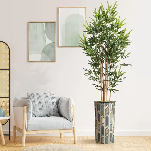 Vista 12 de Árbol artificial en macetero moderno con patrón poligonal, palmera tropical areca artificial de seda para decoración del hogar en interiores