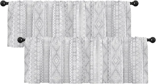Vista 17 de Emvency Paquete de 2 cenefas para ventana, diseño geométrico gris y negro, cortinas de arte moderno abstracto, cortinas ajustables para ventanas