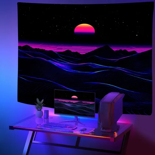 Vista 2 de Zpryzmia Blacklight Retro Synthwave Tapestry, Abstract Sun Lines Mountain Tapestry Glow In the Dark Wall Hanging, UV Reactive Neon Punk Tapestries
