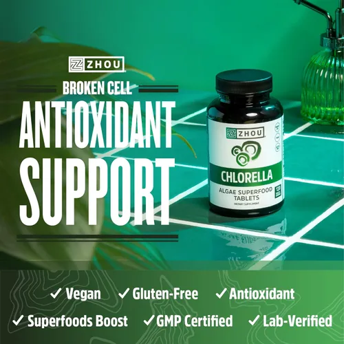 Vista 3 de Zhou Chlorella Tablets - Suplemento de clorella, vitaminas de clorofila, superalimento de algas verdes puras, píldoras súper alimentarias ricas