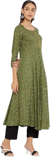Vista 3 de Tissu Kurta 2101 estampado floral de rayón verde y negro para mujer