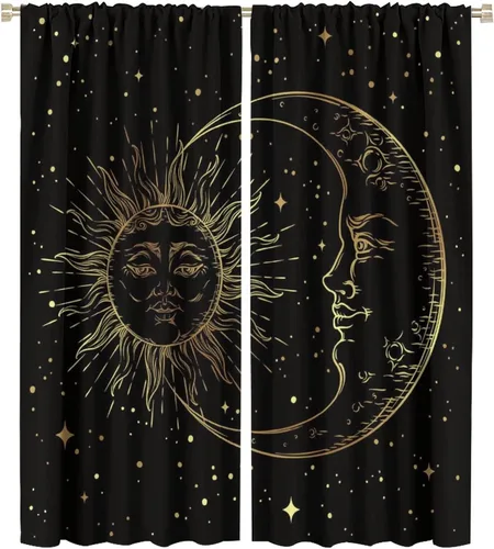 Vista 68 de Cortinas opacas con diseño de sol y luna, cuerpos celestes bohemios, con diseño de sol, luna y estrellas, para sala de estar, dormitorio, 42 x 45