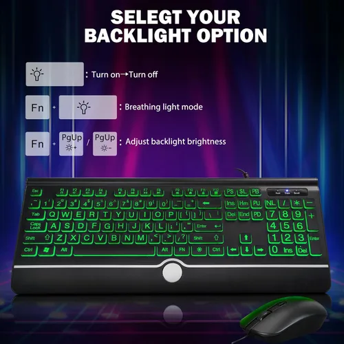 Vista 6 de Combo de teclado y ratón con cable - Teclado retroiluminado con letras grandes, teclado USB silencioso con cable y ratón óptico para Windows, PC