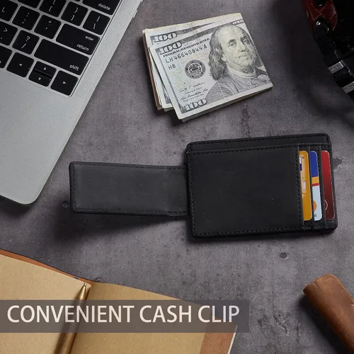 Vista 8 de Cartera minimalista Toughergun para hombres con clip de dinero magnético, cartera de cuero, tarjetero de crédito con bloqueo RFID Negro