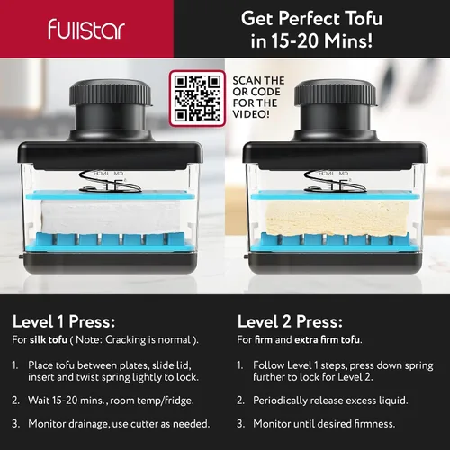 Vista 6 de Fullstar Prensa y cortador de tofu 2 en 1, apto para lavavajillas, sin BPA, caja de prensa para tofu extra firme y sedoso (azul)