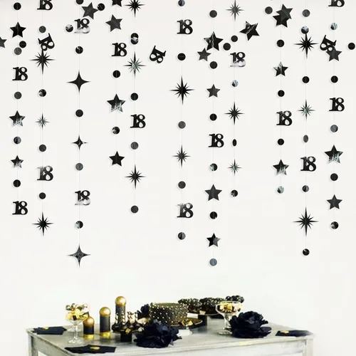 Vista 5 de Decoración de cumpleaños número 18 en negro, número 18 con punto circular, guirnalda de estrellas centelleantes, banderines de serpentina metálica
