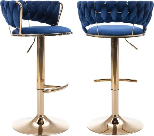 Vista 11 de Juego de 2 taburetes de bar giratorios de terciopelo, taburete de bar ajustable con respaldo tejido, sillas de comedor tapizadas, taburetes de bar