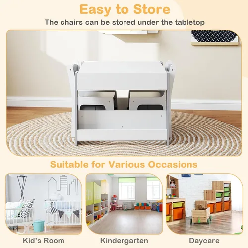 Vista 7 de HONEY JOY Mesa y sillas para niños, juego de actividades de madera 4 en 1 para niños con libreros dobles, almacenamiento, tablero desmontable