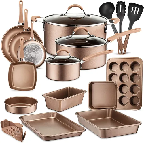 Vista 2 de NutriChef Juego de utensilios de cocina de cerámica antiadherente metálica, ollas y sartenes para hornear con tapas y utensilios, juego de 20