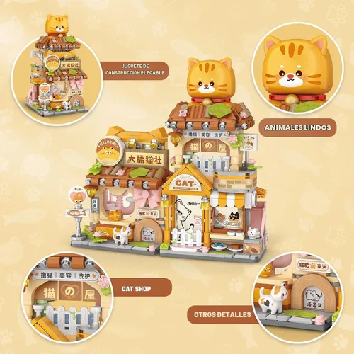 Vista 2 de Street View Cute Cat Shop Mini Bloques de Construcción, Juguetes de Construcción Creativos MOC Set de Construcción de Animales Lindos para Niñas
