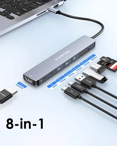 Vista 2 de LENTION Hub USB-C 8 en 1 con HDMI 4K 60Hz, entrega de energía de 100 W, datos USB C de 5 Gbps, 3 USB 3.0 y lector de tarjetas microSD y SD