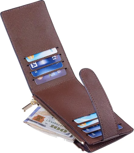 Vista 7 de Chelmon Billetera delgada para mujer, con bloqueo RFID, plegable, con bolsillo con cremallera, Marrón intenso, Minimalista