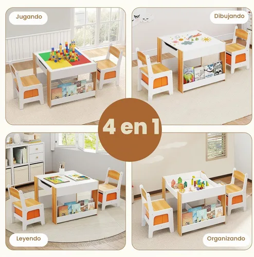 Vista 3 de INFANS Juego de Mesa y Silla para Niños, Escritorio de Actividades de Madera de Bloques de Construcción 4 en 1 con Superficie Reversible, Cajones