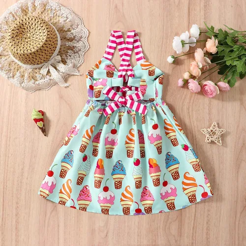 Vista 7 de Falda de verano para niñas pequeñas, con estampado de heladodinosaurio, sin mangas, correa sin espalda, vestido de 1 a 6 años