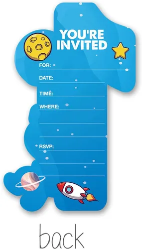 Vista 2 de Outer Space - Invitaciones de fiesta de primer cumpleaños con sobres, juego de 20 tarjetas de invitaciones de astronauta con una forma de astronauta